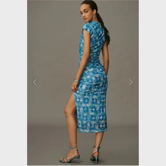 Anthropologie The Maya Ruched Cowl-Neck Dress Mesh Edition Blue Floral Dress - Picture 14 of 16